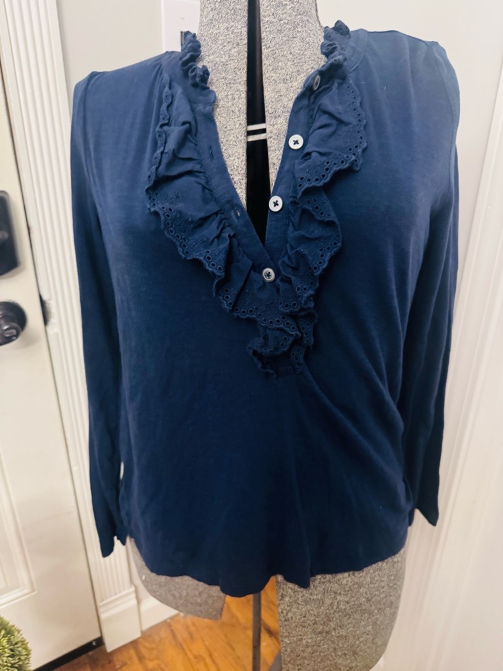 LOFT  Eyelet Ruffle Henley Top - Navy Blue - Size Small